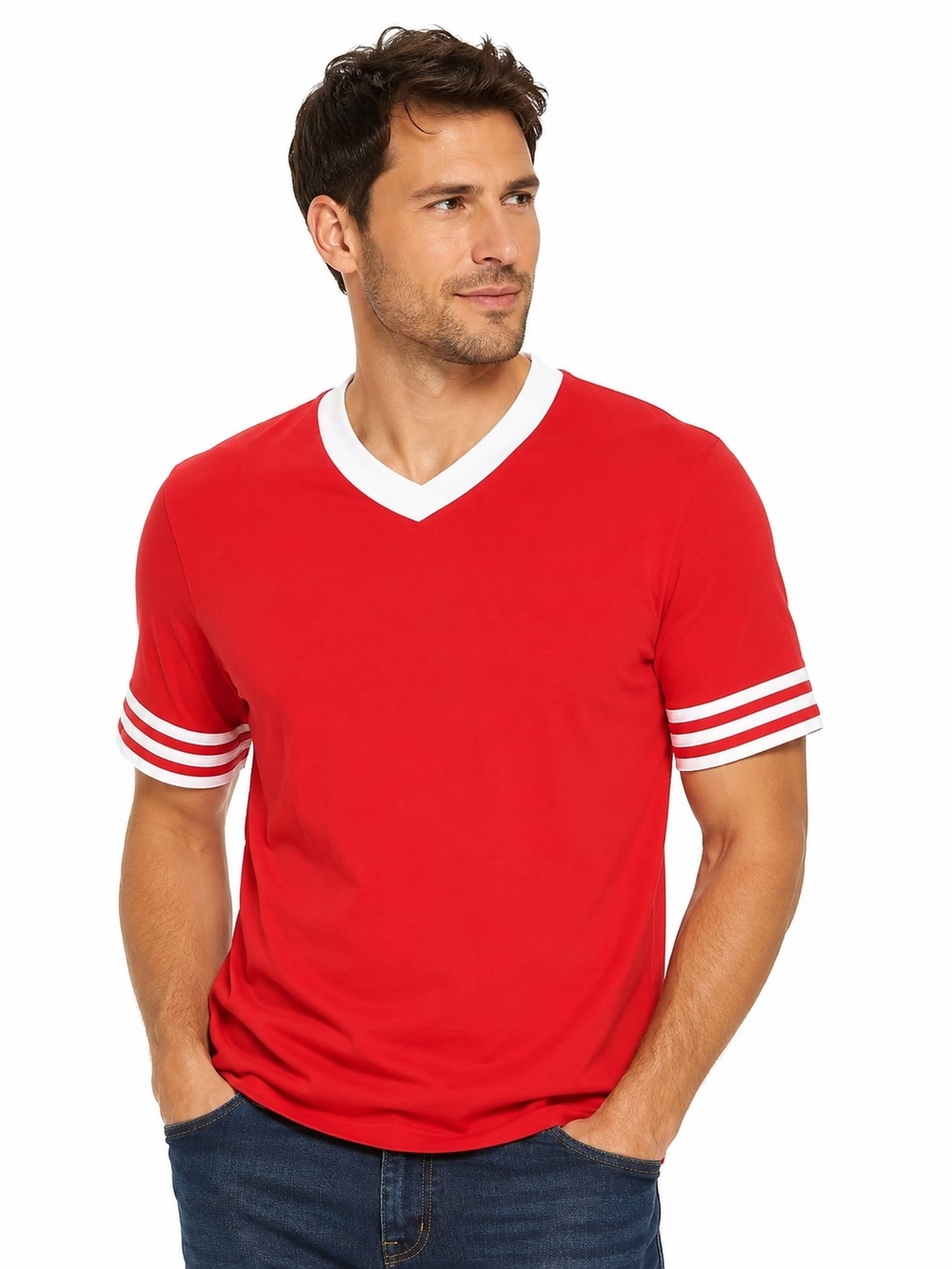 Soffee Men's Red V-Neck Short Sleeve Shirt with White Trim Size M